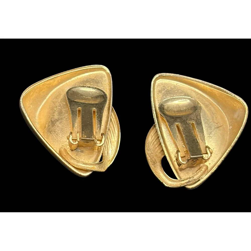 Vintage 1980s Gold Tone Geometric Clip On Earrings Statement Chunky Triangle